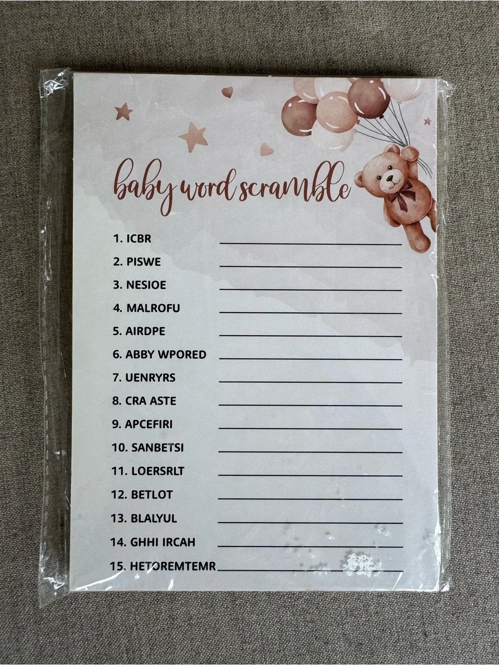 Baby Word Scramble Party Game - Teddy Design